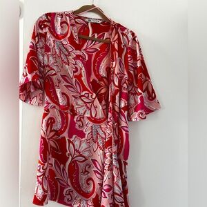 Zara Red and Pink Asymmetrical Wrap Dress